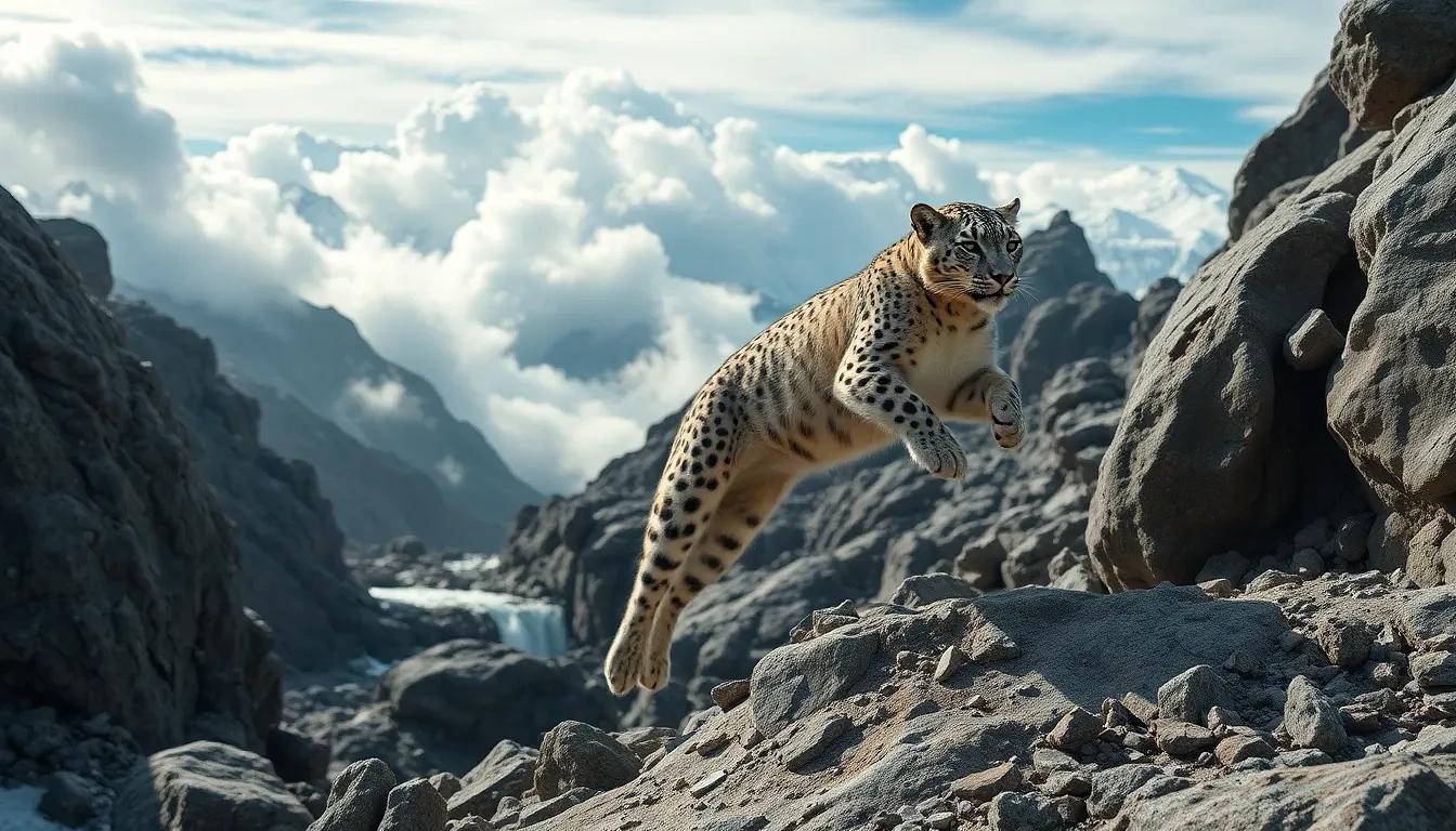 “Snow leopards leaping between jagged Himalayan boulders, clouds swirling below summit level, frozen waterfalls glinting, photographic, panoramic view”