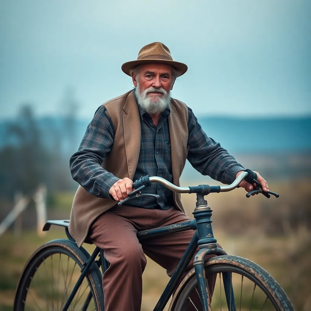 Old man riding ancient bicycle in the year 1875