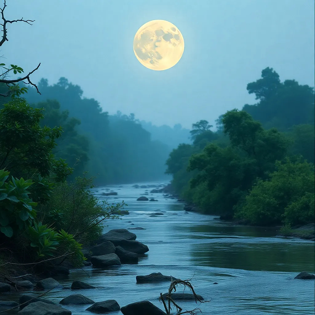 A river that flows backward every full moon, carrying with it the echoes of every word ever spoken on its banks.
