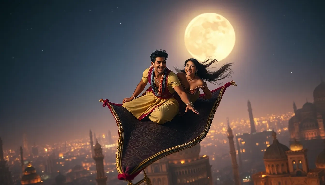 Aerial shot of Aladdin and Jasmine on the magic carpet diving between Agrabah’s moonlit minarets, hair whipping in the wind, sparkling night sky, exhilarated laughter