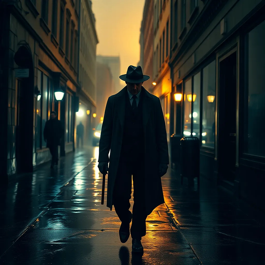 A mysterious detective walking down a rainy alley in 1940s noir city, moody cinematic lighting, reflections on wet pavement, shallow depth of field.