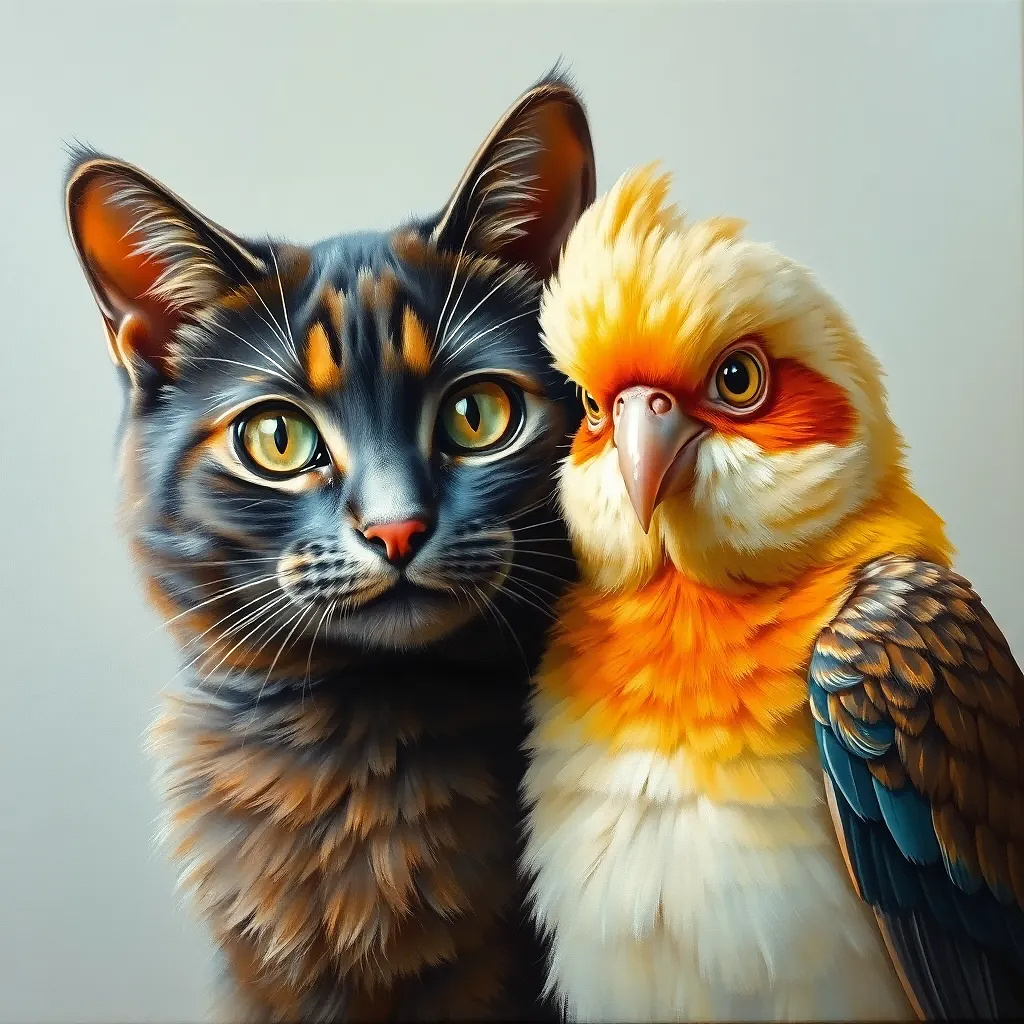Cat and pigon friendship, oil painting