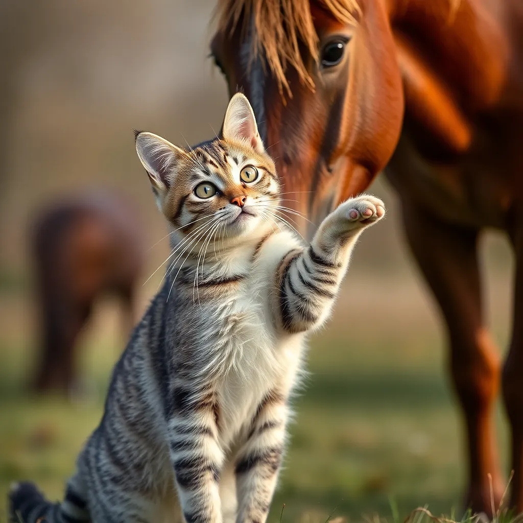 beautiful cat playing with a horse