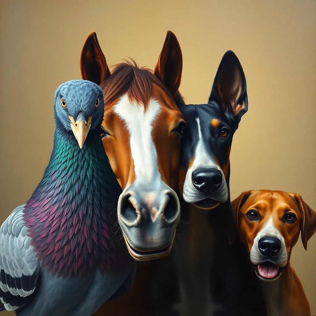 Pigeon, horse and dog, oil painting