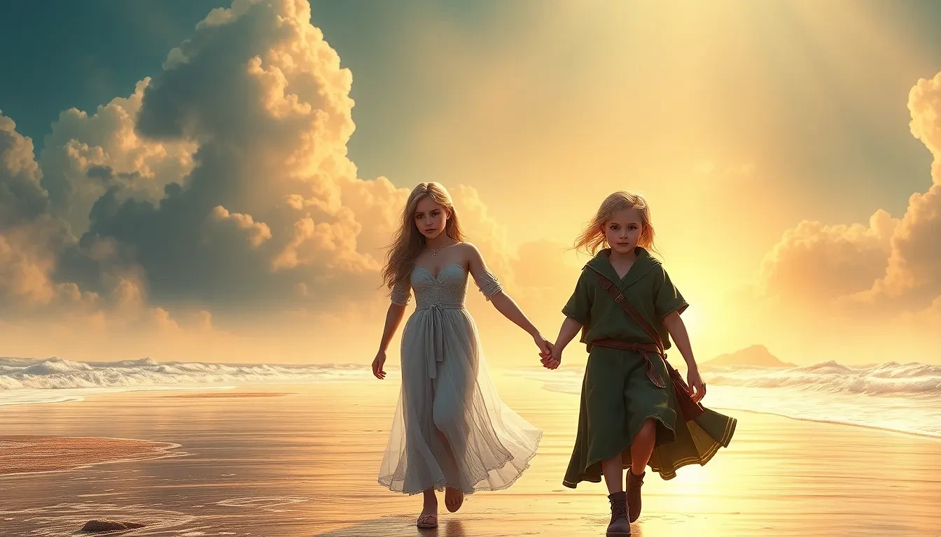 A glorious woman walking with her 2 children. she is hold their hand at the beach, ultra-detailed, high quality
