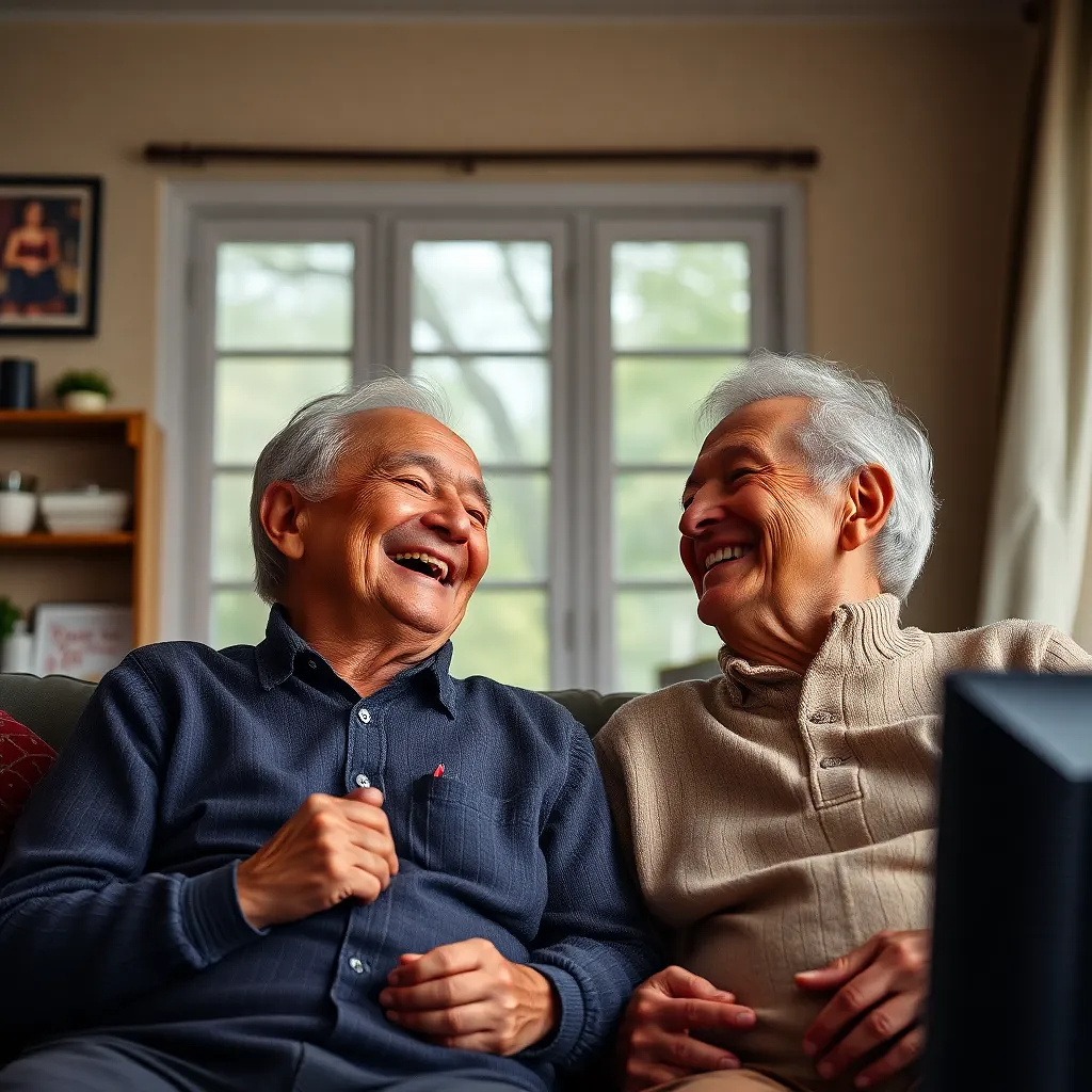 old couple laughing and watching tv