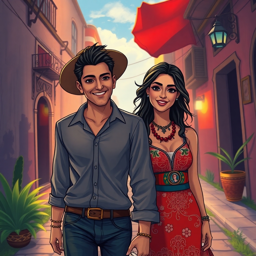 pnt style Illustration of a happy latino mexican couple walking together in mexico
