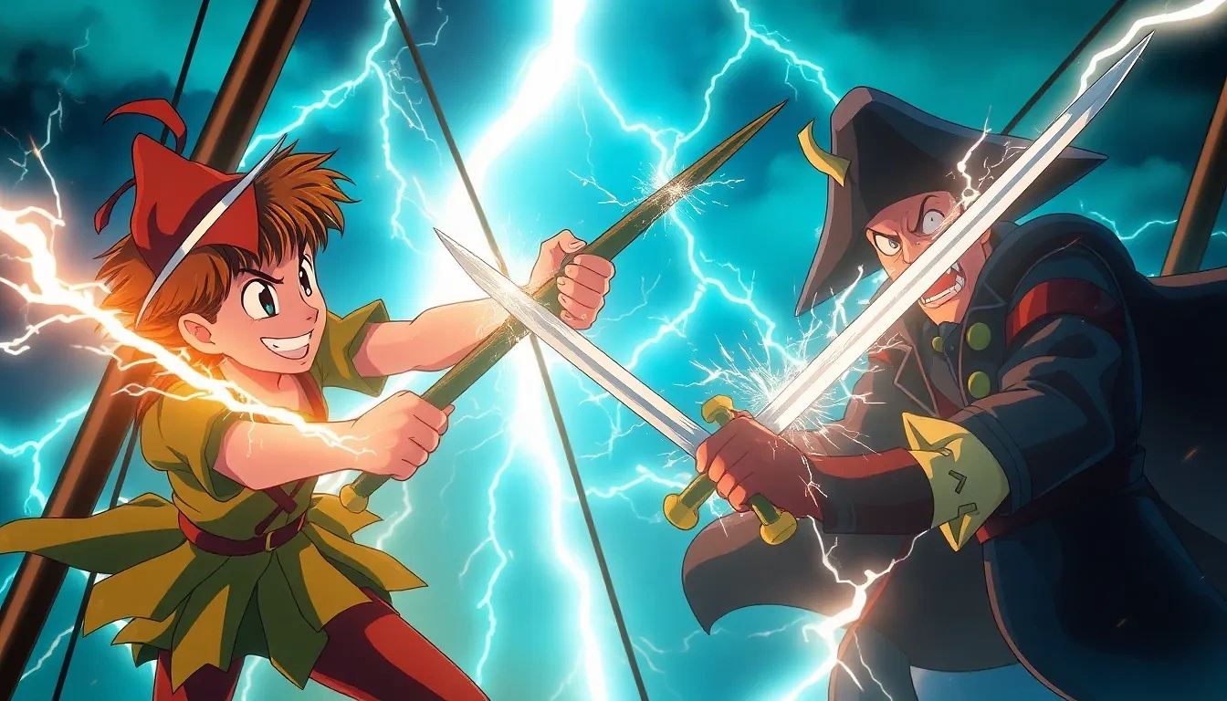 “Peter Pan dueling Captain Hook on a masttop during a lightning storm, blades clashing with sparks, bold grin vs. snarling rage”