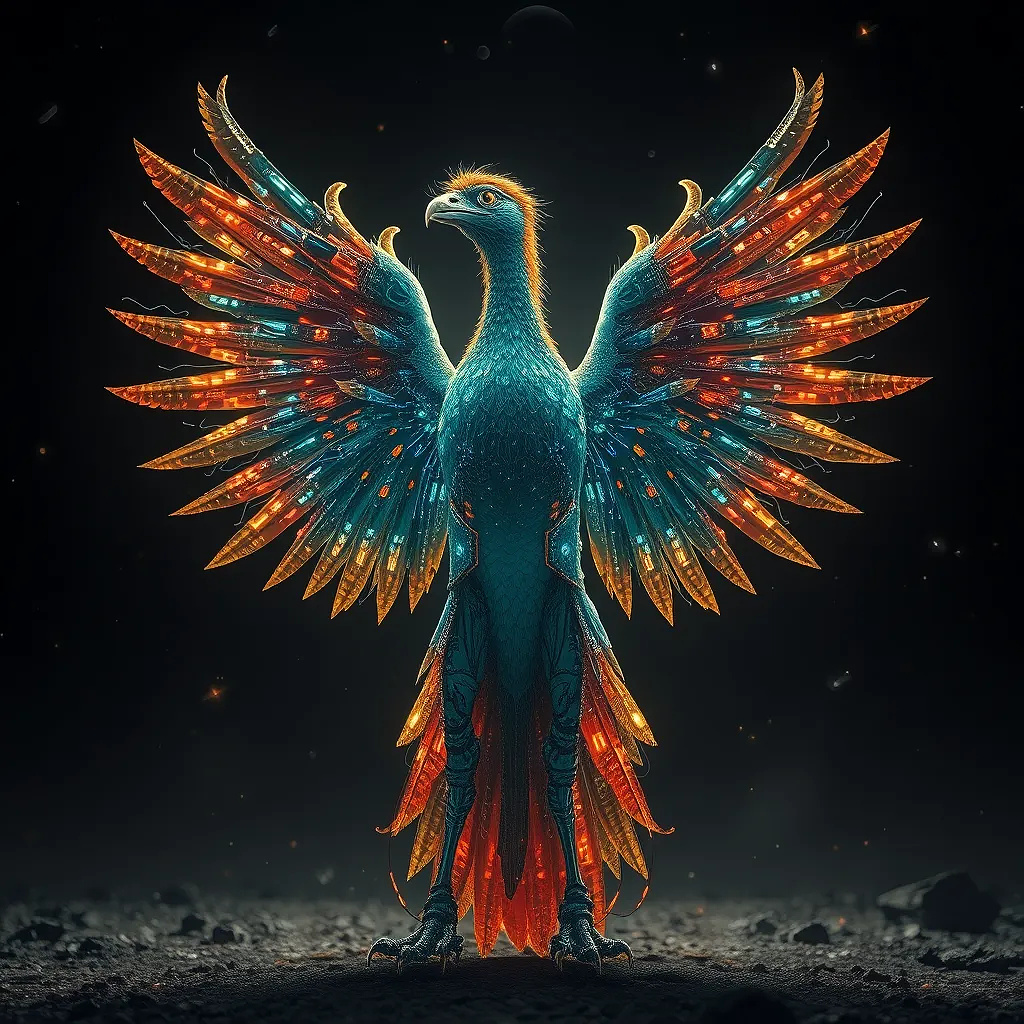 A cybernetic phoenix reborn from a dying star, its feathers made of data streams and supernova debris.