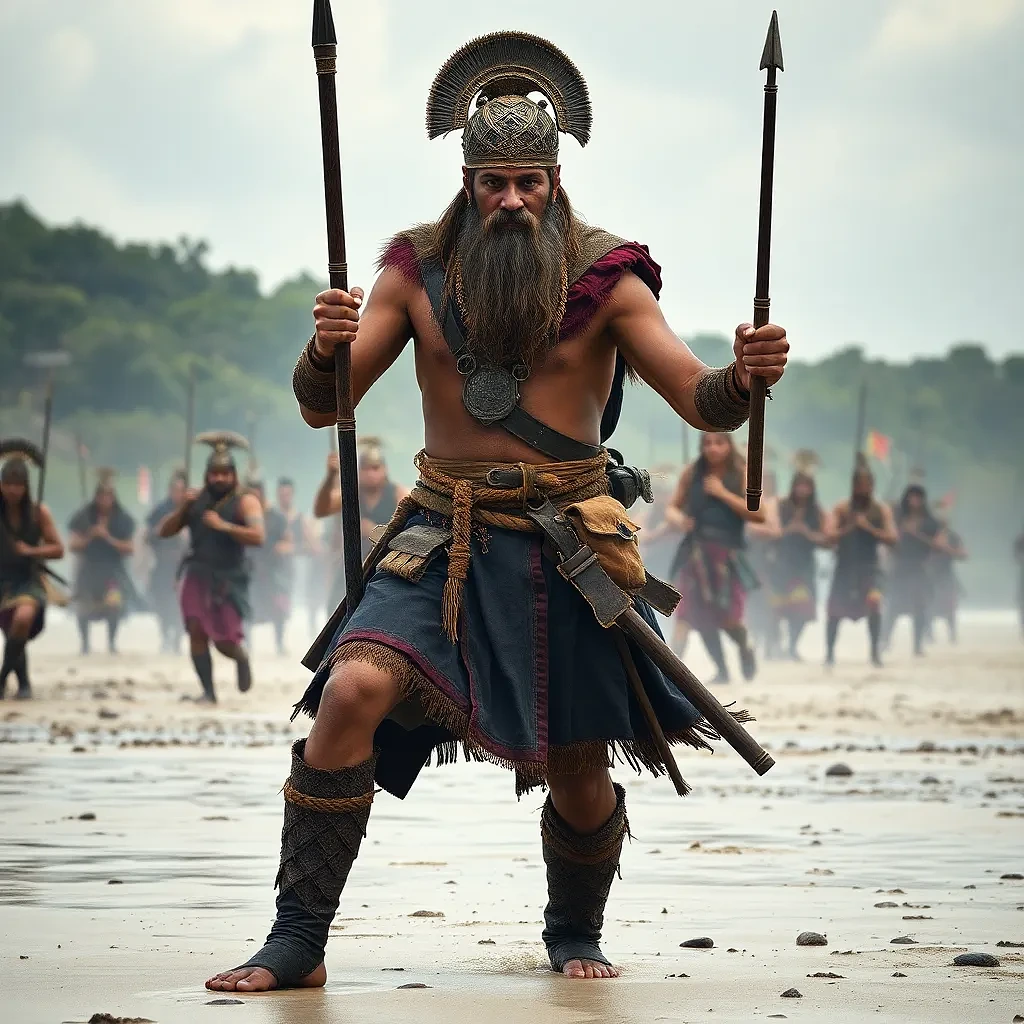 Ancient warrior with his army, fighting ghosts in the beach