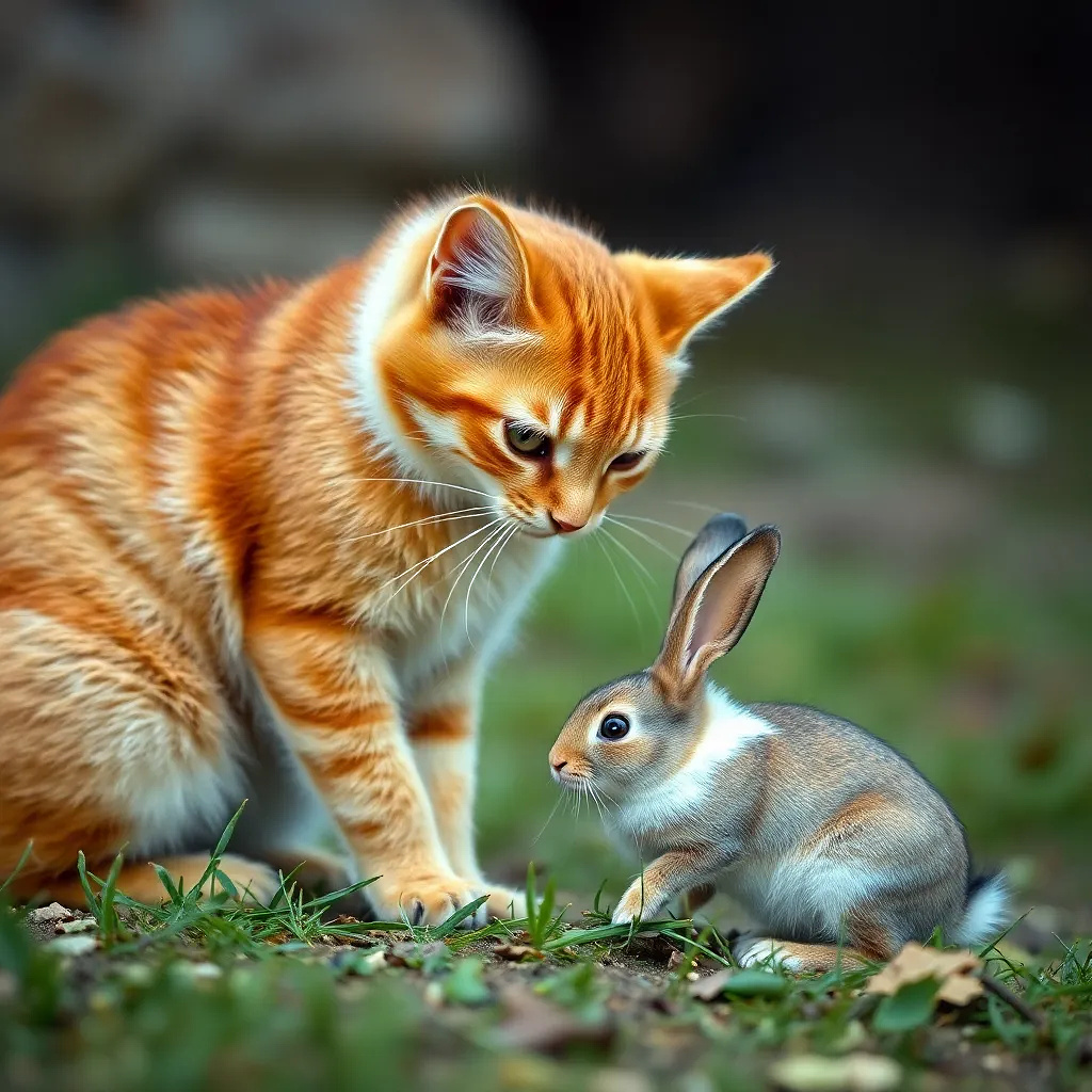Beautiful cat playing with a rabbit