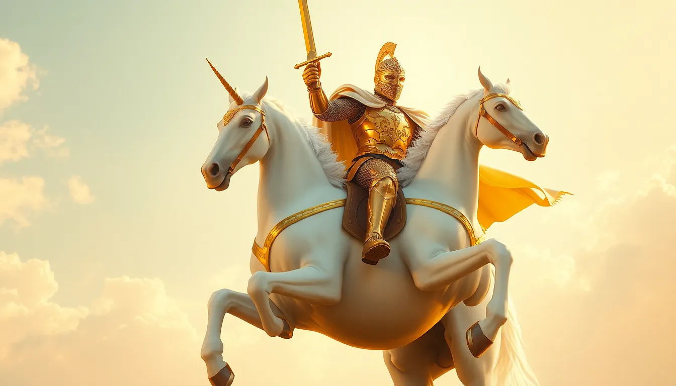 A knight in shining gold armor rides a magnificent white unicorn. The knight, positioned slightly to the right of center, is mid-stride, with a triumphant pose, holding a golden sword aloft.  His armor is detailed, showcasing intricate patterns and gleaming surfaces. He wears a flowing, off-white cape that billows behind him. The unicorn is a pure white, with a large horn on its forehead.  The horse is in a dynamic, rearing pose, with all four legs off the ground. The background features a pale blue sky dotted with soft, fluffy white clouds.  Warm, golden light bathes the scene, creating a dramatic and heroic atmosphere. The image has a stylized, somewhat romanticized aesthetic, evoking a sense of fantasy and adventure. The perspective is slightly from below, emphasizing the height and grandeur of the scene.  The composition is balanced, focusing attention on the knight and unicorn in the foreground against the sky.