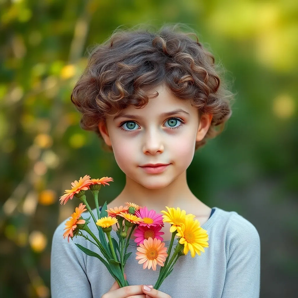 A beautiful 13 years old girl, short curly hair with green eyes, flowers in hands