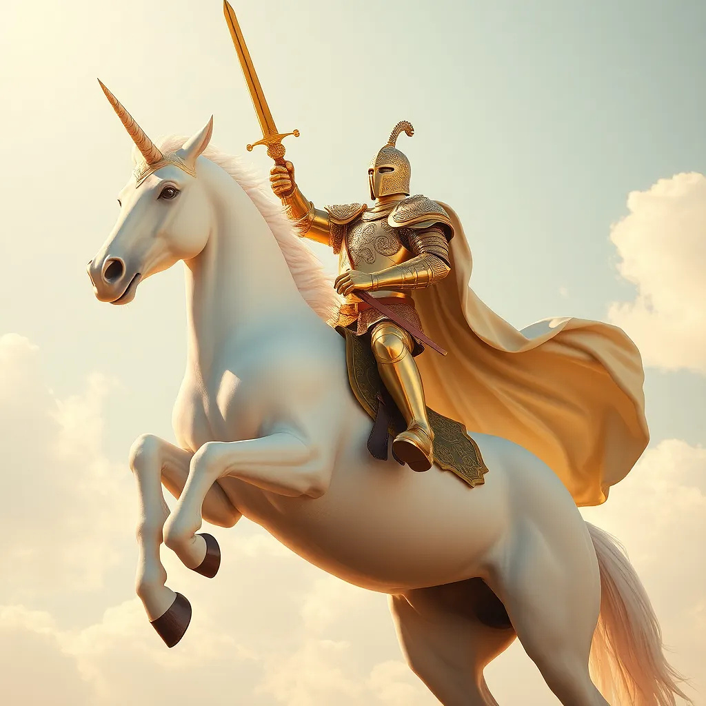 A knight in shining gold armor rides a magnificent white unicorn. The knight, positioned slightly to the right of center, is mid-stride, with a triumphant pose, holding a golden sword aloft.  His armor is detailed, showcasing intricate patterns and gleaming surfaces. He wears a flowing, off-white cape that billows behind him. The unicorn is a pure white, with a large horn on its forehead.  The horse is in a dynamic, rearing pose, with all four legs off the ground. The background features a pale blue sky dotted with soft, fluffy white clouds.  Warm, golden light bathes the scene, creating a dramatic and heroic atmosphere. The image has a stylized, somewhat romanticized aesthetic, evoking a sense of fantasy and adventure. The perspective is slightly from below, emphasizing the height and grandeur of the scene.  The composition is balanced, focusing attention on the knight and unicorn in the foreground against the sky. Shot from 15 feet