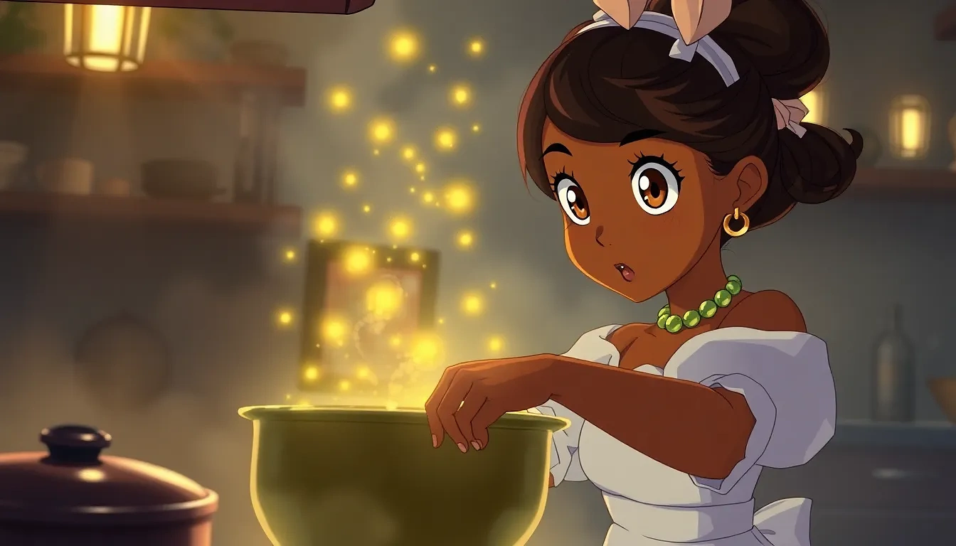 Tiana stirring a shimmering gumbo that bursts into magical fireflies, steamy New Orleans kitchen, eyes wide with wonder