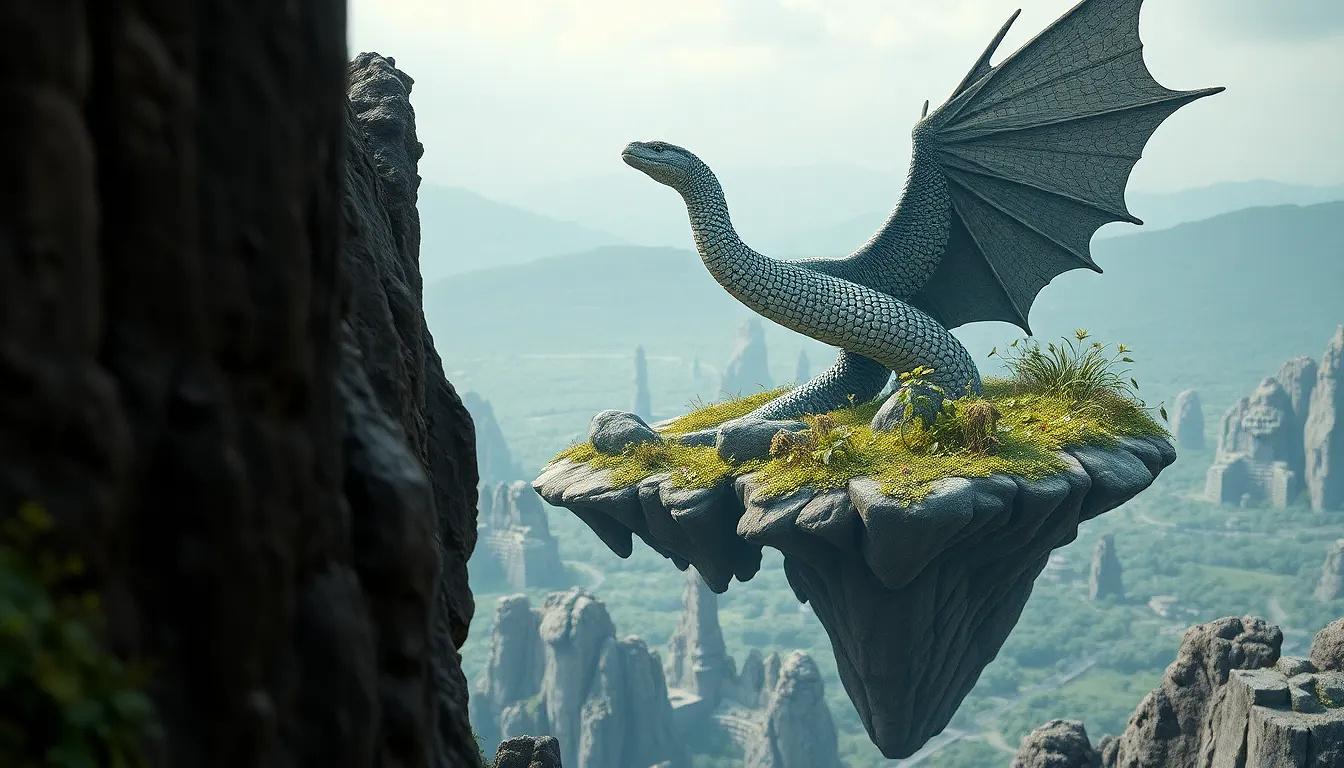 A floating island chain held aloft by magnetic rocks, covered in alien vegetation and inhabited by winged serpentine creatures.