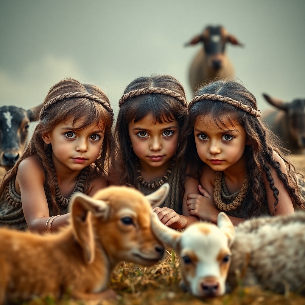 3 Little girls playing in the year 500 BC, realistic, domestic animals around the 3 girls