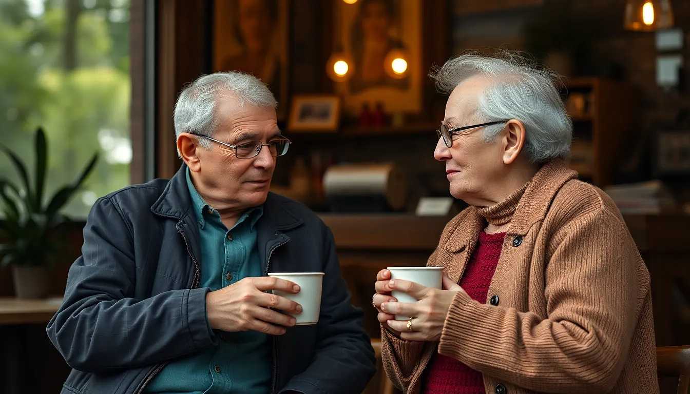 Old couple drinking coffee