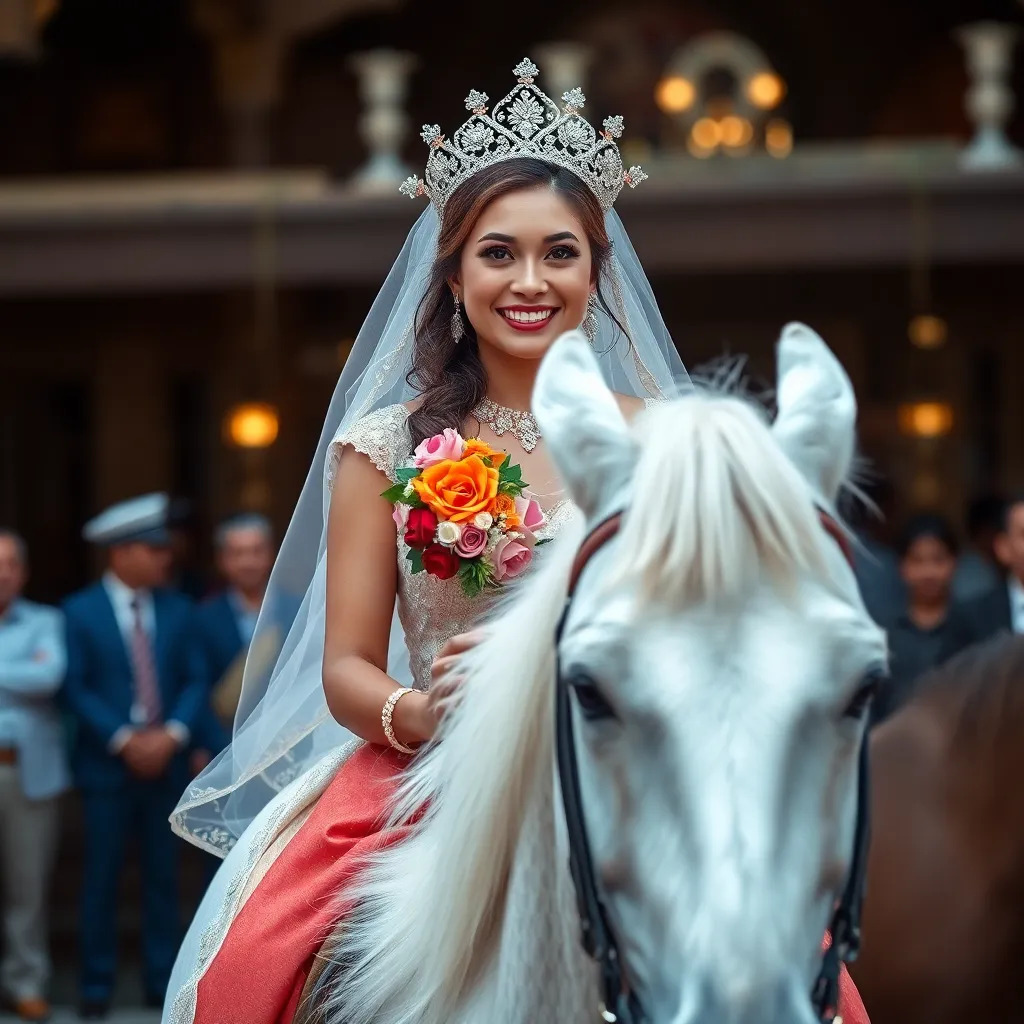 Happy, beautiful, glorious bride, in full body, She is riding a white horse and holding colored corsage . She is smiling and greeting people
