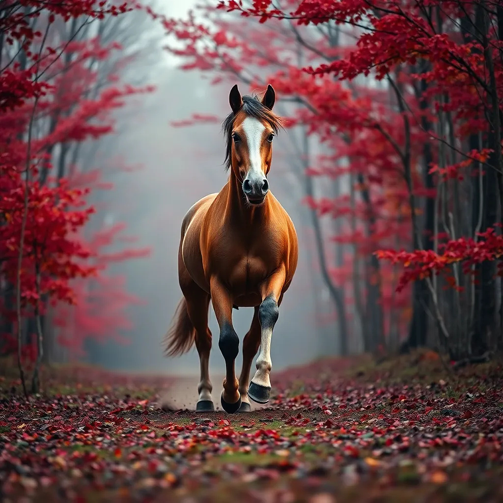 Horse running in a forest with red trees