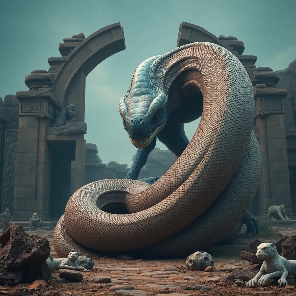 A colossal, serpentine alien wrapped around a ruined alien temple, its scales shifting colors like a chameleon, epic scale.