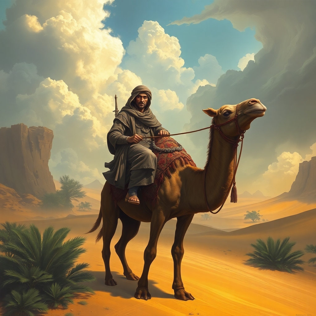 Ancient traveler riding his camel in desert