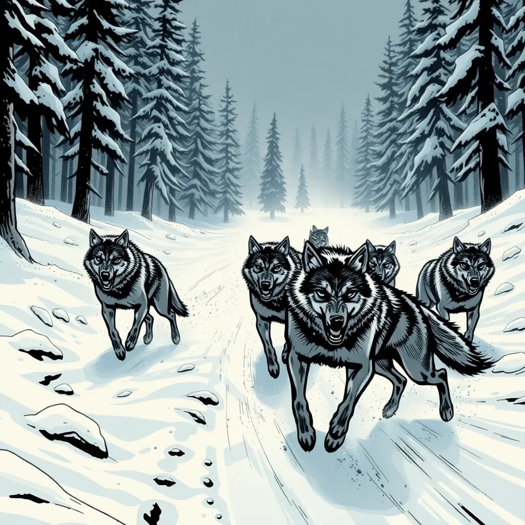 A pack of wolves running through the snowy forest, frozen mid-howl, dynamic poses, sharp contrast ink style, bold shadows, comic book action scene