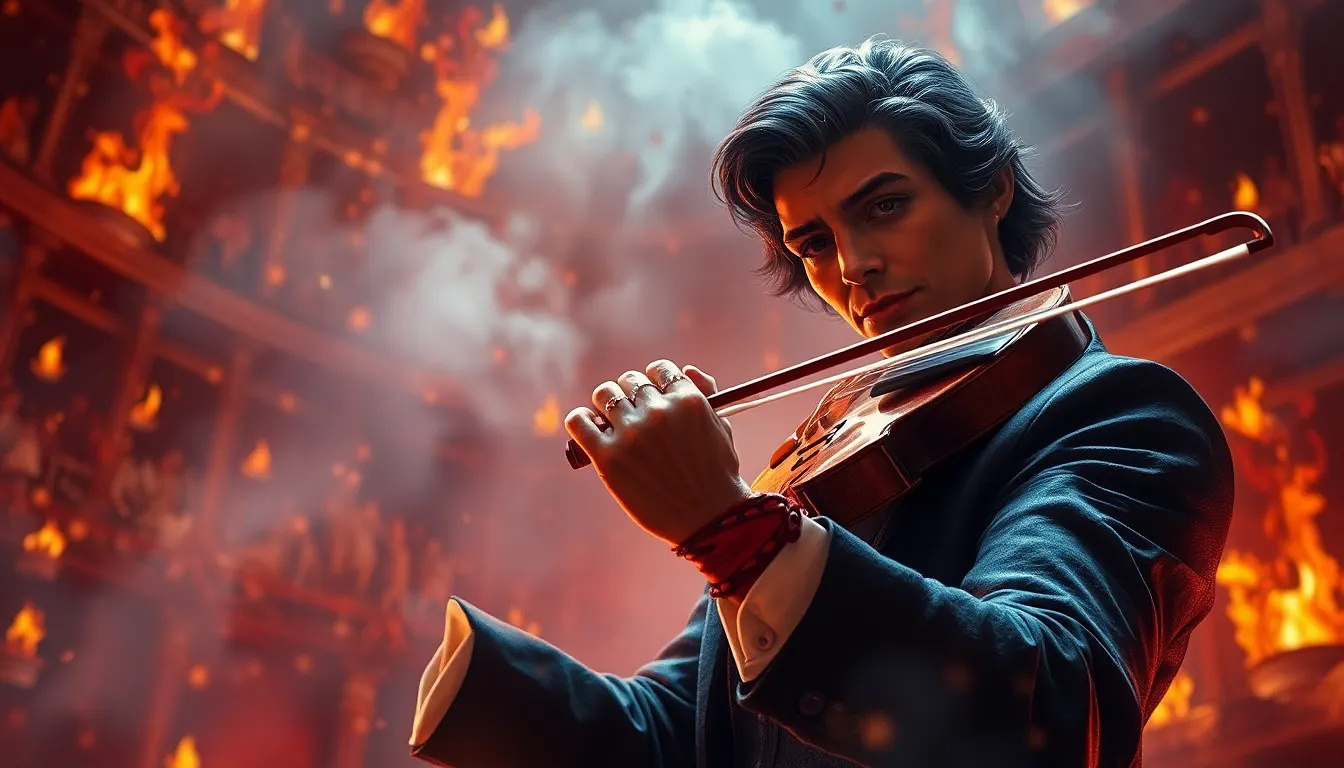 Phantom of the Opera-style figure playing a violin in a burning theater, flames frozen in time.