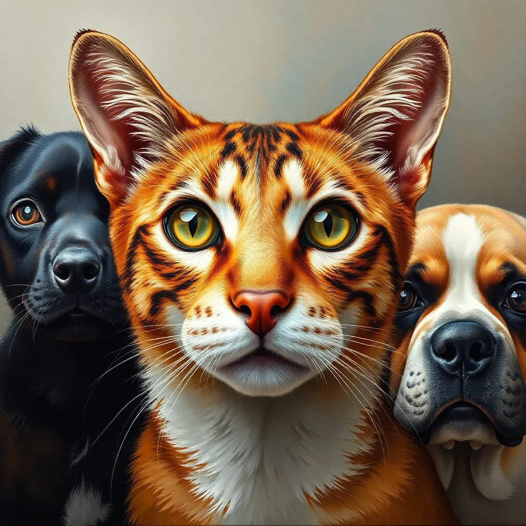 cat and dogs oil painting