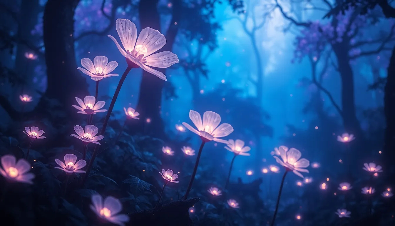 Glowing bioluminescent flowers in a mystical forest, floating pollen sparkles, ethereal blue and purple hues, fantasy art style.