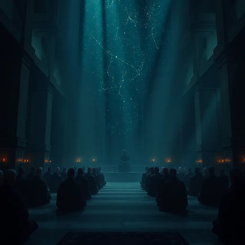 A temple of shadows: monks meditate in a void, their breath weaving constellations that flicker like old film reels.