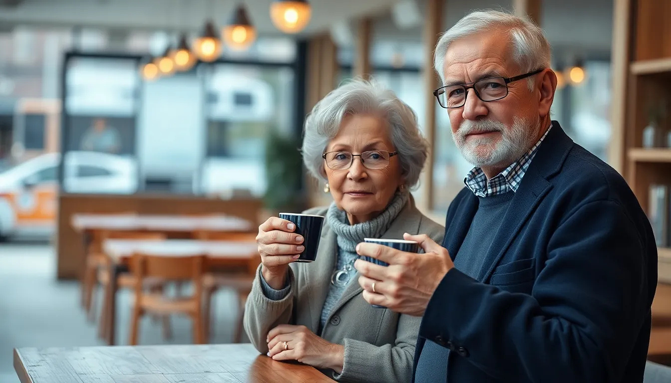 Old couple drinking coffee