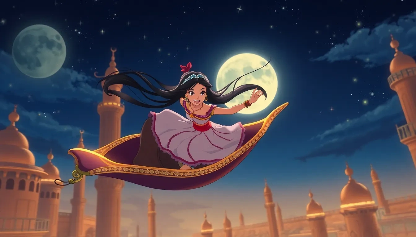 Aerial shot of Aladdin and Jasmine on the magic carpet diving between Agrabah’s moonlit minarets, hair whipping in the wind, sparkling night sky, exhilarated laughter