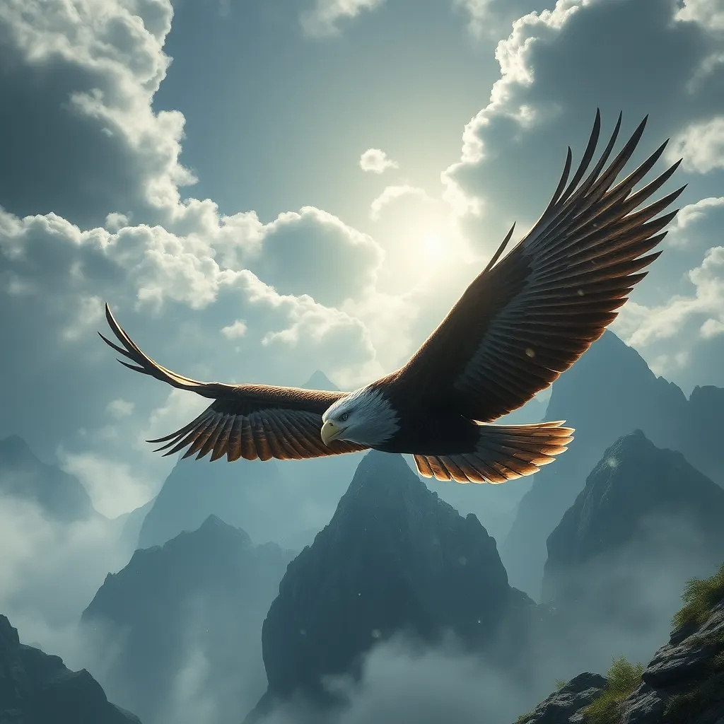 A powerful eagle soaring over misty mountain peaks, sunlight breaking through the clouds.