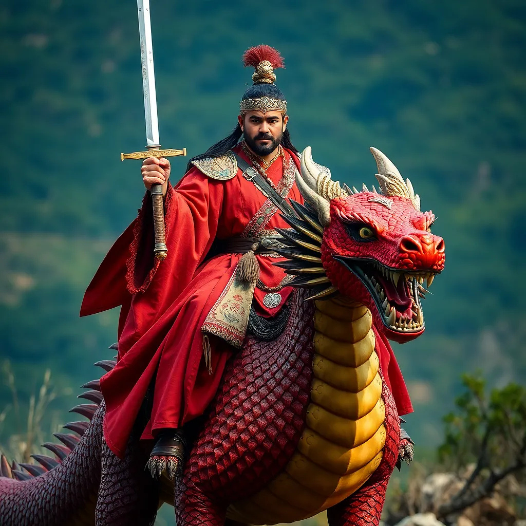 Ancient prince holding a sword and riding dragon, ultra realistic, medium shot