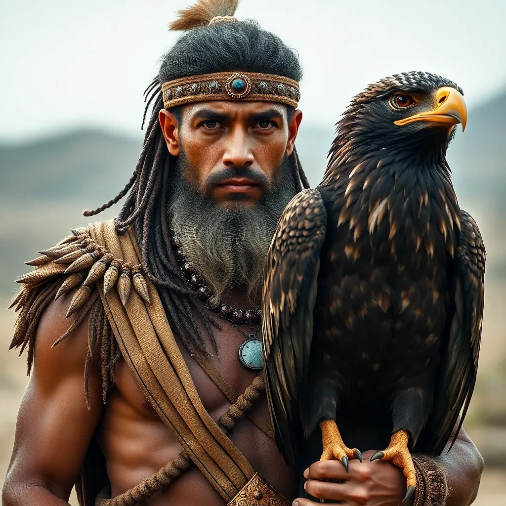 Ancient warrior with his eagle, full view,  full background, head to feet