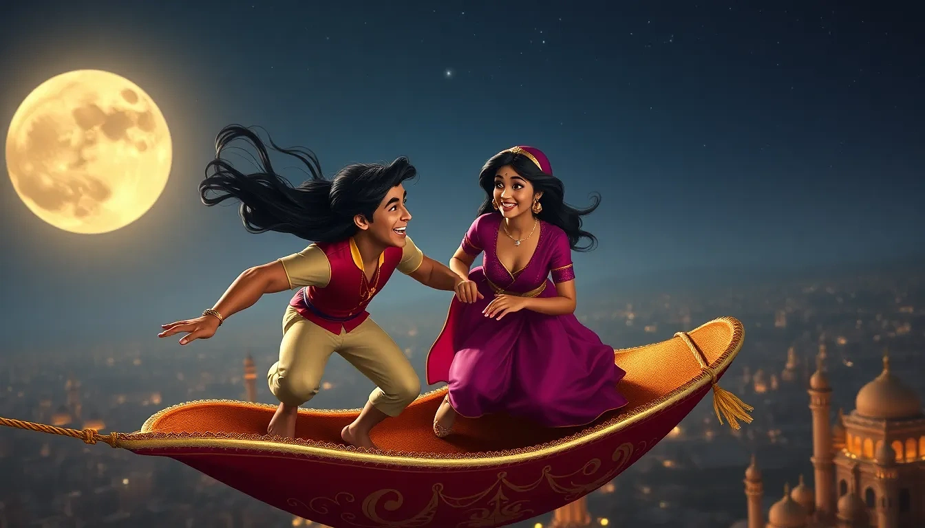 Aerial shot of Aladdin and Jasmine on the magic carpet diving between Agrabah’s moonlit minarets, hair whipping in the wind, sparkling night sky, exhilarated laughter