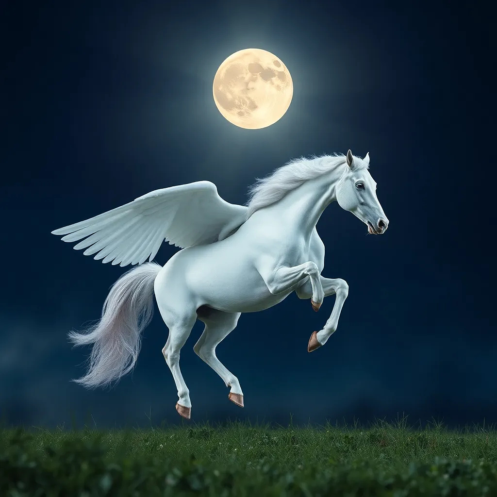A glorious white pegasus flying in a beautiful moonlit night