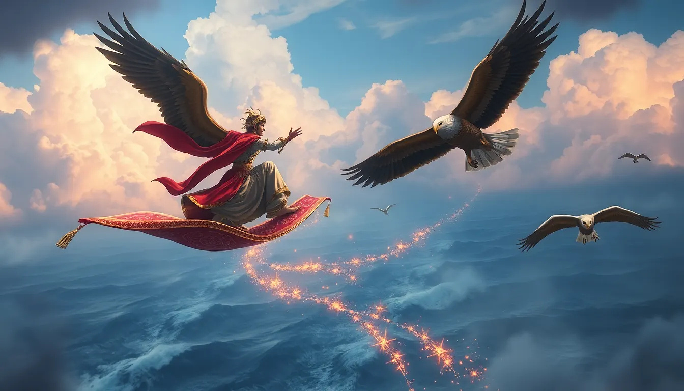 Aladdin rides the magic carpet and flies over the sea, eagles are following him.