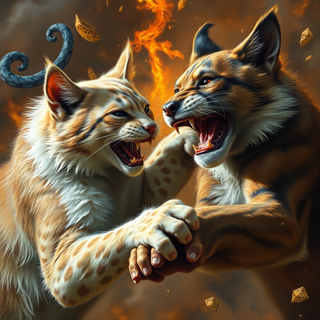cat and dogs fighting hard