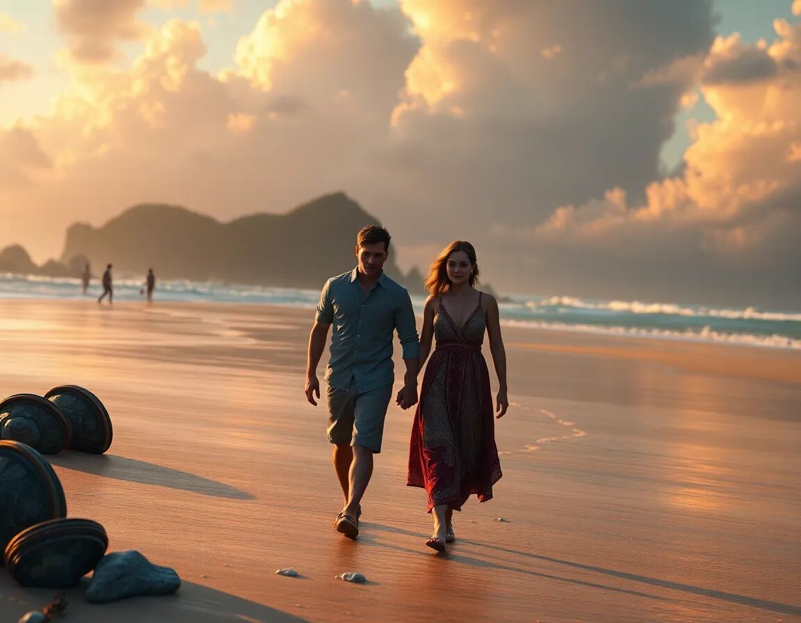 australian couple walking in the beach
