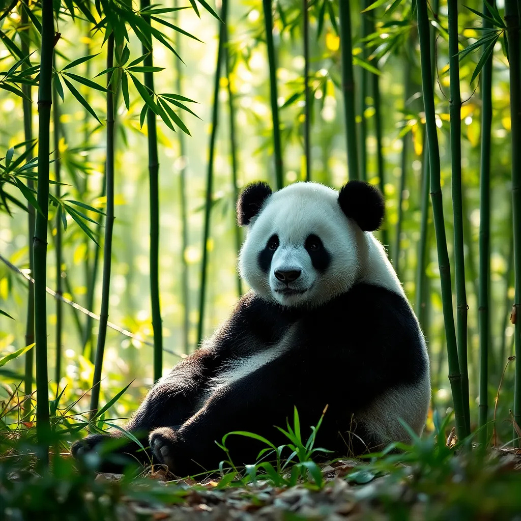 A panda sitting peacefully in a bamboo forest, soft sunlight filtering through the leaves.
