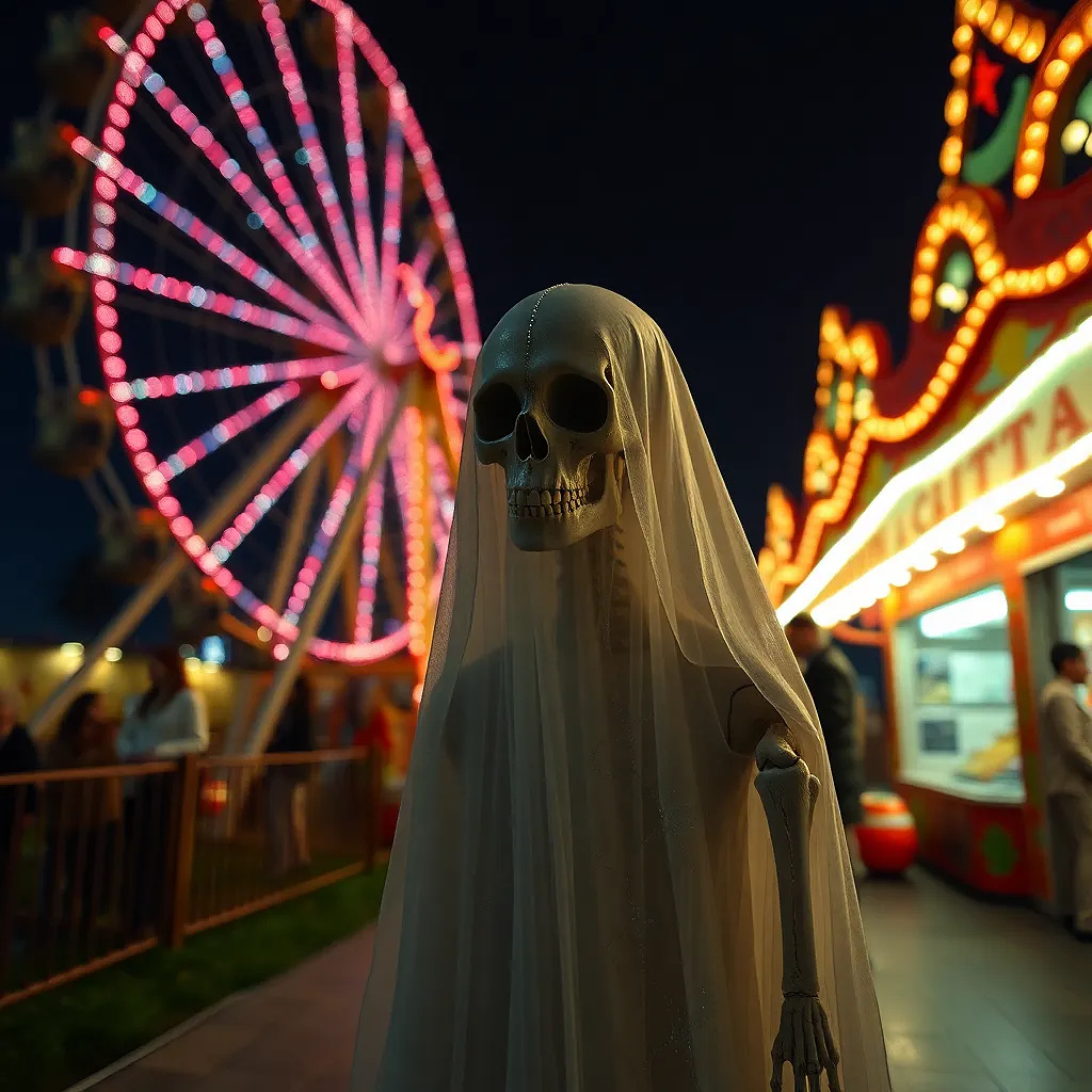 A midnight carnival for ghosts: Ferris wheels made of spider silk, cotton candy that evaporates into constellations, and ticket booths staffed by polite skeletons.