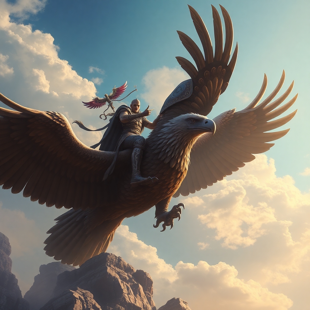 Ancient worrior riding big eagle and flying in the sky.