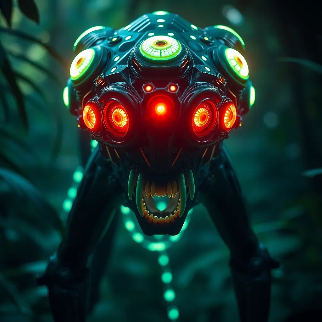Highly detailed portrait of a bioluminescent alien predator with six eyes and razor-sharp fangs, lurking in a jungle, unreal engine style.