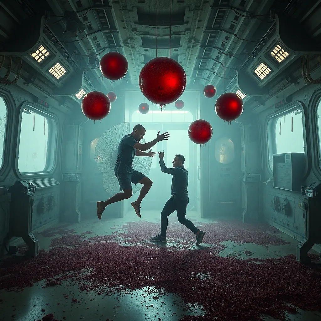 A zero-gravity fight club in a derelict space station: combatants float like ghosts, their blood forming perfect crimson spheres.