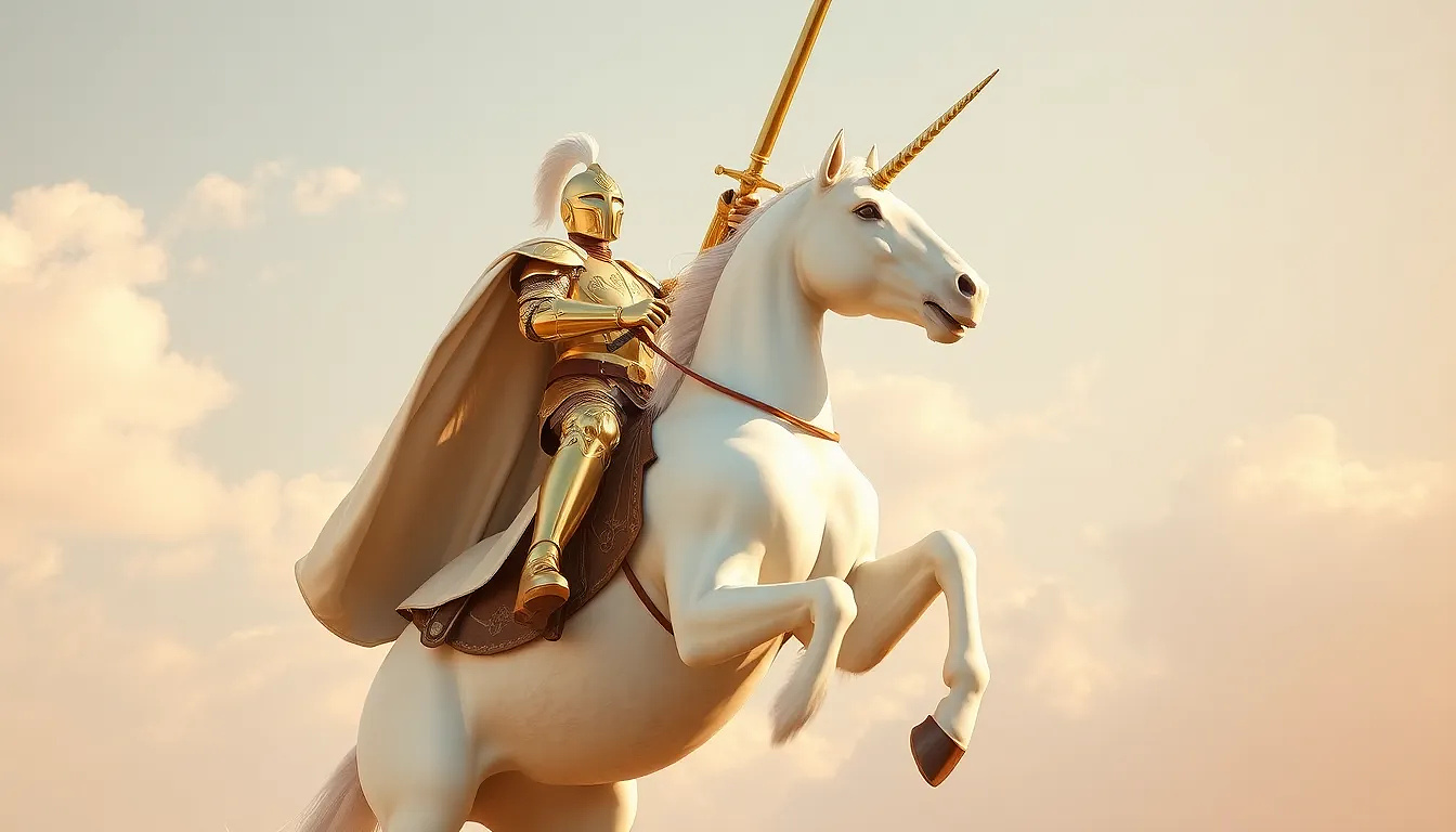 A knight in shining gold armor rides a magnificent white unicorn. The knight, positioned slightly to the right of center, is mid-stride, with a triumphant pose, holding a golden sword aloft.  His armor is detailed, showcasing intricate patterns and gleaming surfaces. He wears a flowing, off-white cape that billows behind him. The unicorn is a pure white, with a large horn on its forehead.  The horse is in a dynamic, rearing pose, with all four legs off the ground. The background features a pale blue sky dotted with soft, fluffy white clouds.  Warm, golden light bathes the scene, creating a dramatic and heroic atmosphere. The image has a stylized, somewhat romanticized aesthetic, evoking a sense of fantasy and adventure. The perspective is slightly from below, emphasizing the height and grandeur of the scene.  The composition is balanced, focusing attention on the knight and unicorn in the foreground against the sky.