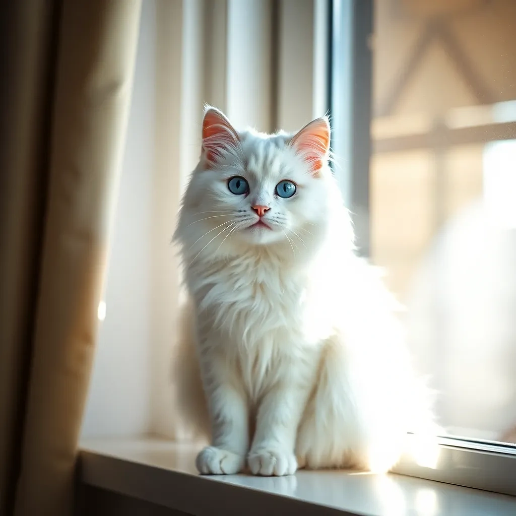 a fluffy white cat with blue eyes sitting on a windowsill, sunlight streaming through the curtains, soft focus, cozy atmosphere