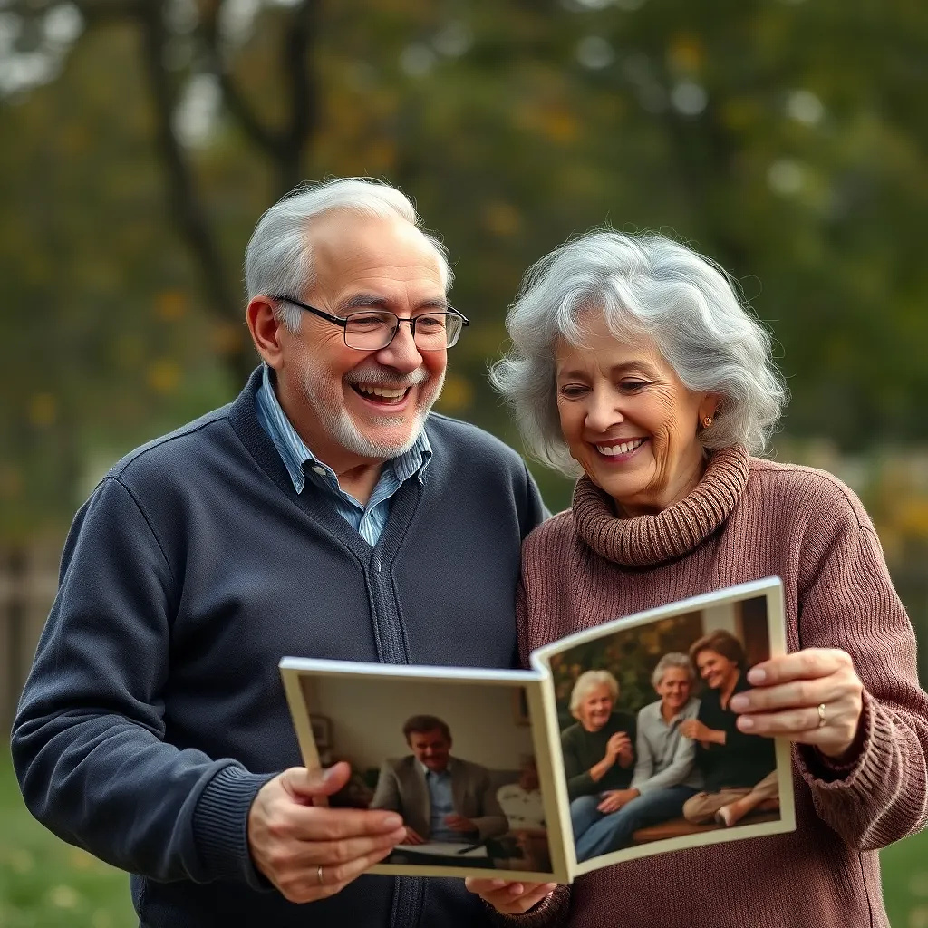Happy old couple laughing and watching their photo album