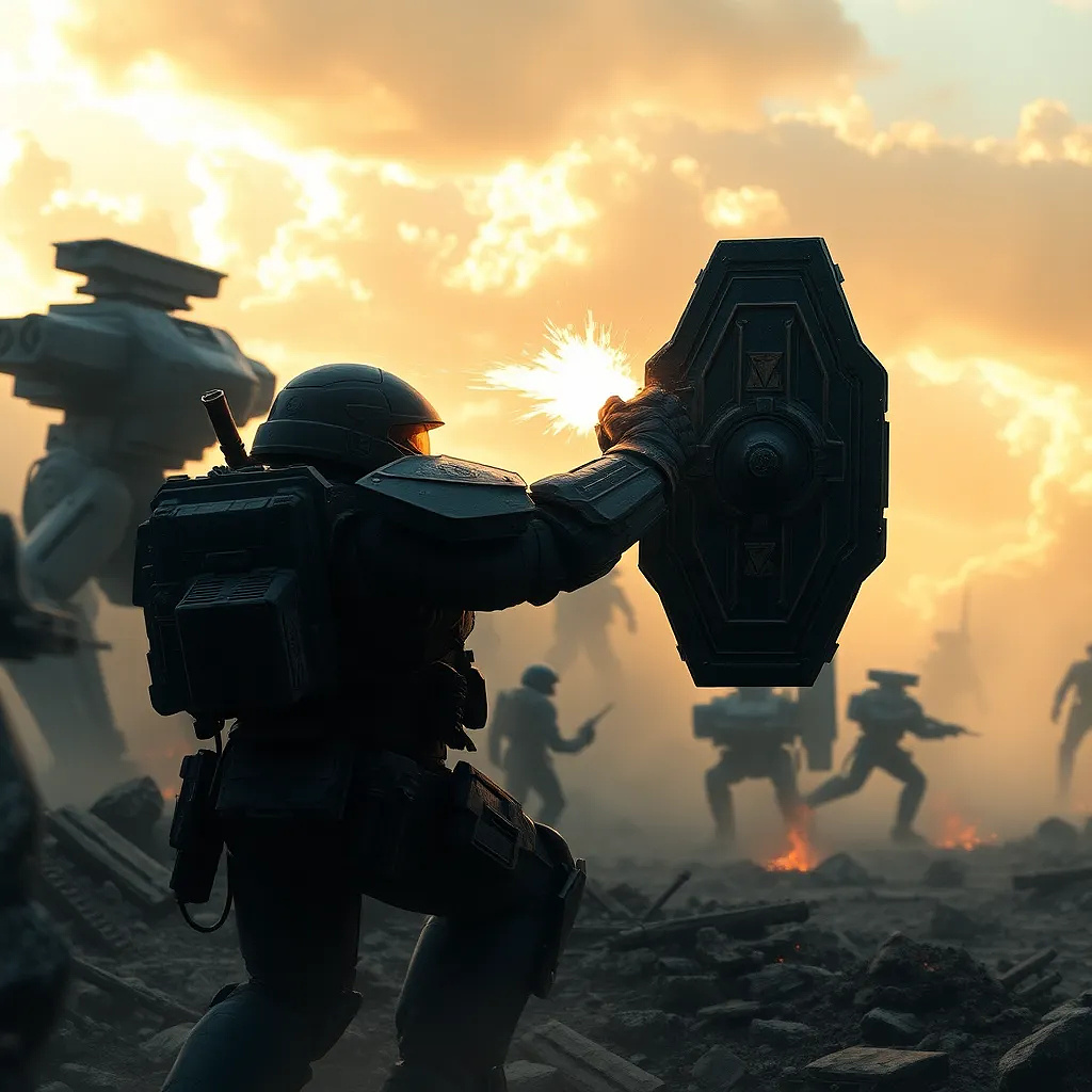 Space marine bracing against a plasma blast, shield flickering, enemy mechs advancing in the smoky battlefield, war-torn ruins